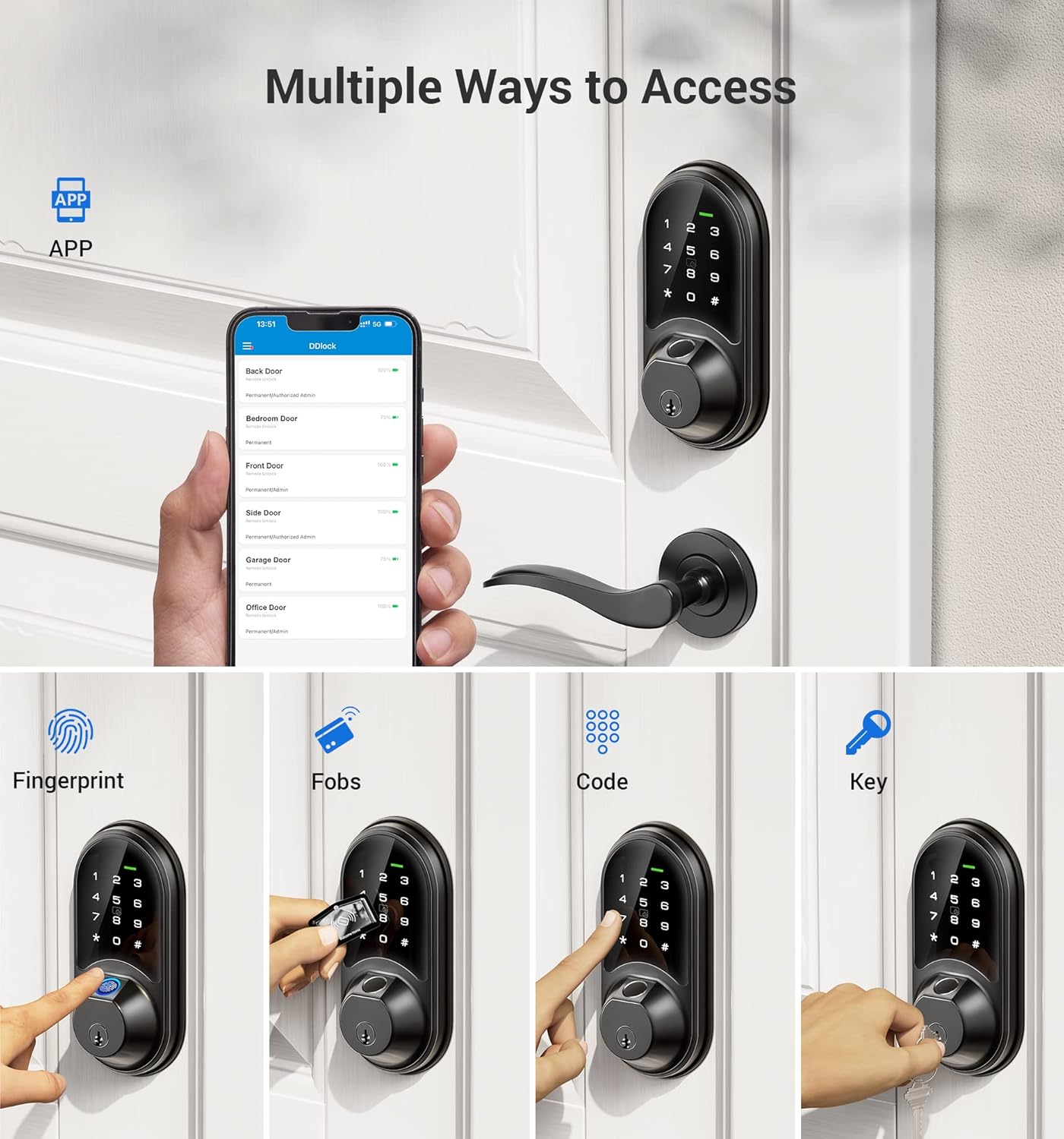 Veise RZ07 Smart Lock, Fingerprint Door Lock, 7-in-1 Keyless Entry with App Control, Electronic Touchscreen Keypad Deadbolt, Biometric Smart Locks for Front Door, Matte Black